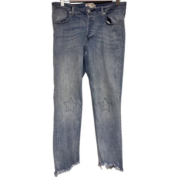H&M x Coachella Women's Concealed Button Fly Denim Jeans Raw Hem Size 10 Stars - Picture 1 of 10